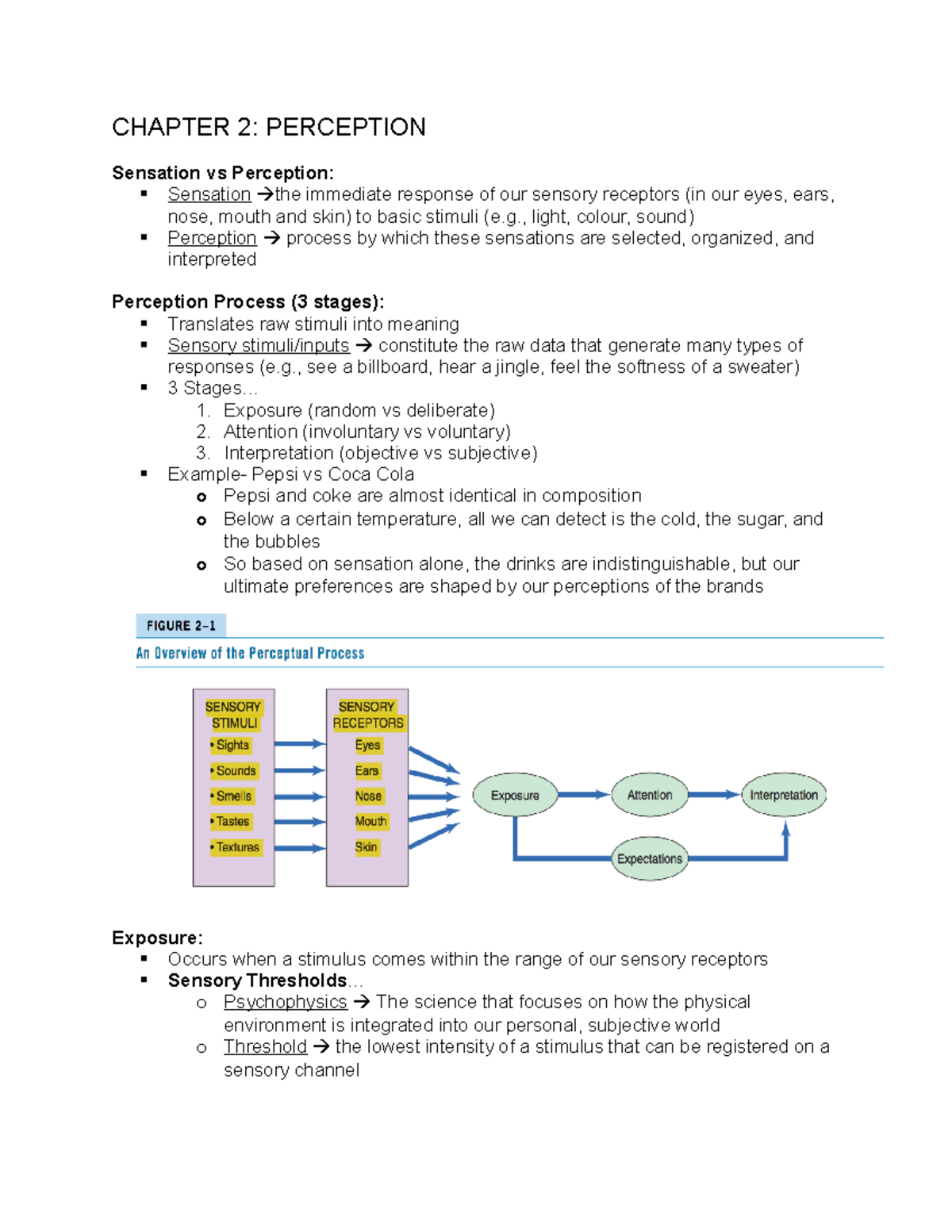 Chapter 2 notes - CHAPTER 2: PERCEPTION Sensation vs Perception ...