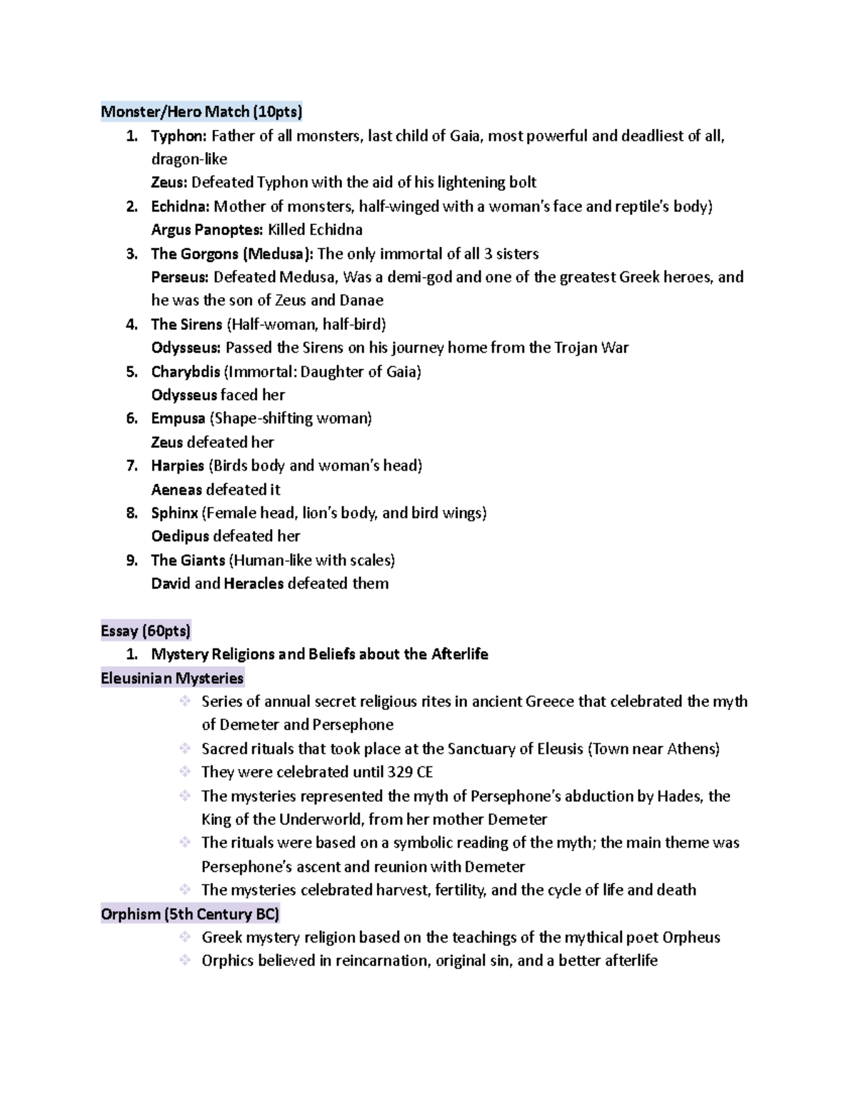 CLCV2500 - study notes - Monster/Hero Match (10pts) 1. Typhon: Father ...