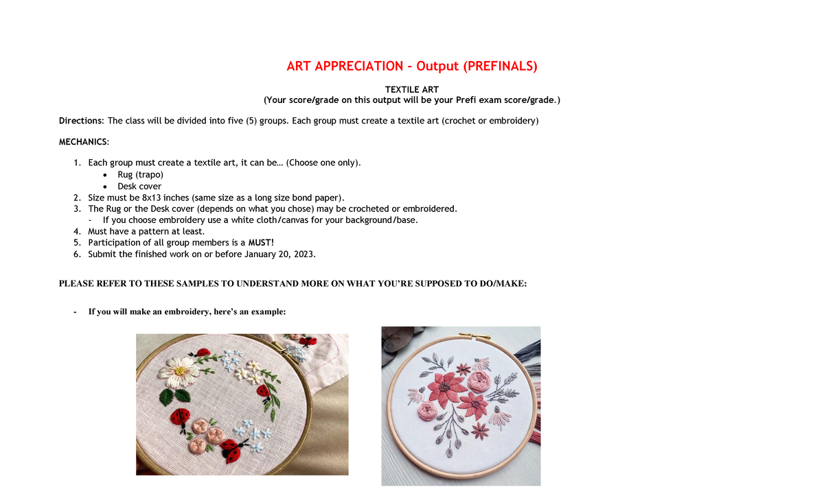 Art AppOBEExamPrefi ART APPRECIATION Output (PREFINALS) TEXTILE