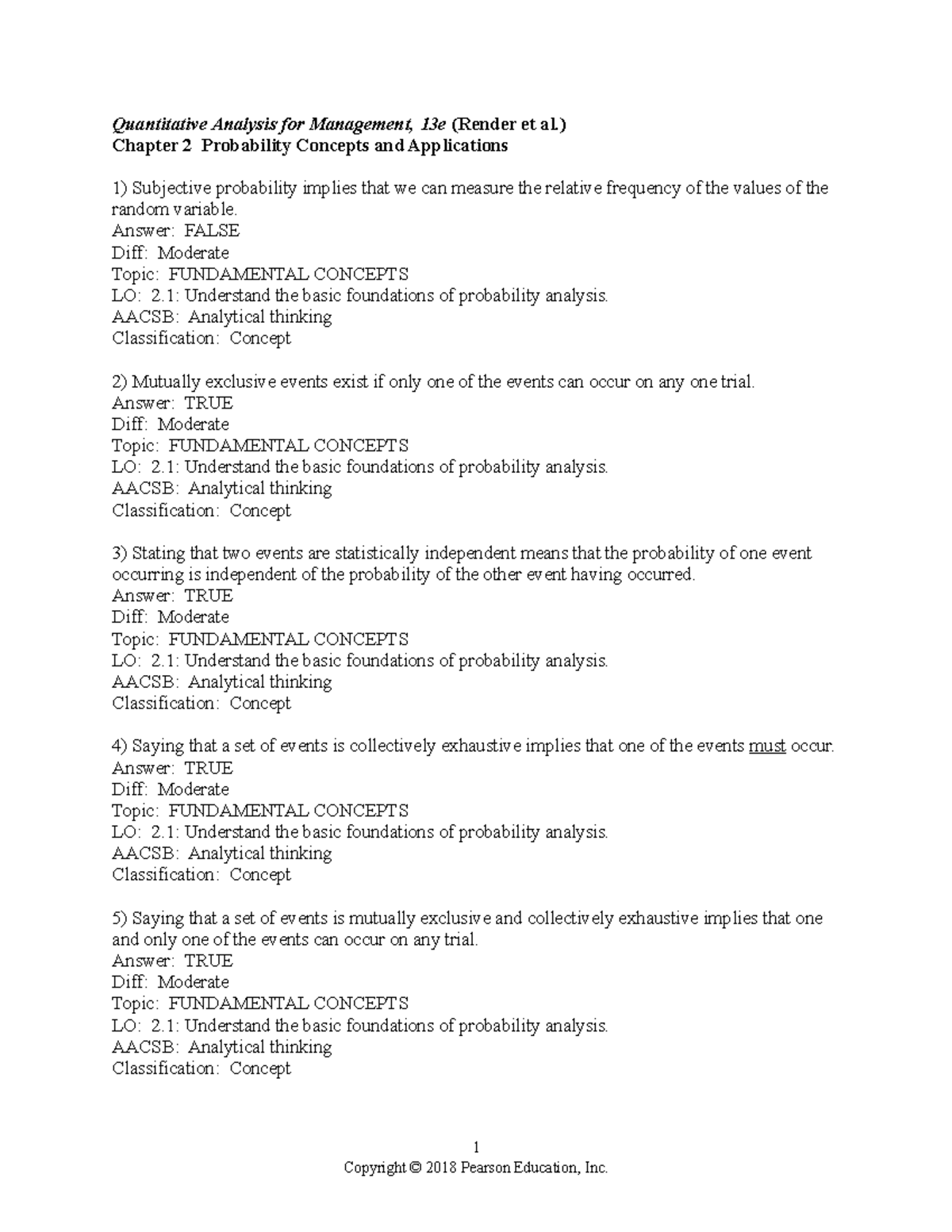Quantitative Business Analysis test bank Chapter 2 - Quantitative ...