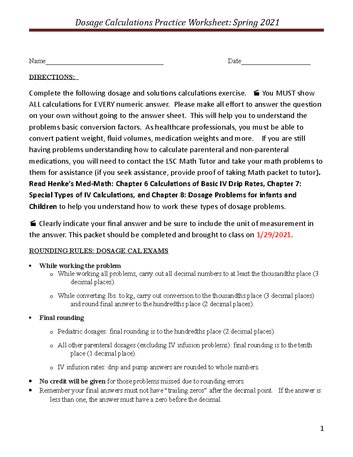 Dosage Cal Practice Worksheet Level Ii Studocu