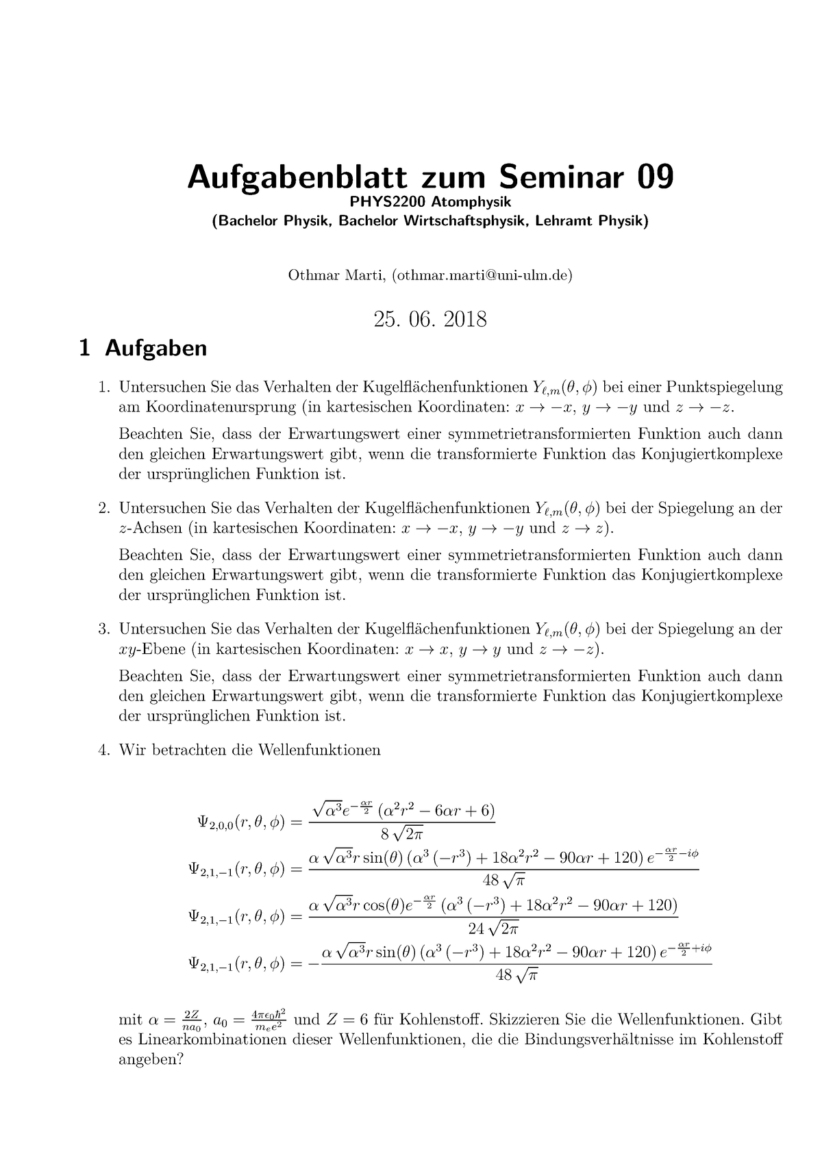 Aufgabenblatt 09 Zu Den Seminaren Vom 25. 06. 2018 Mit L”sungen ...