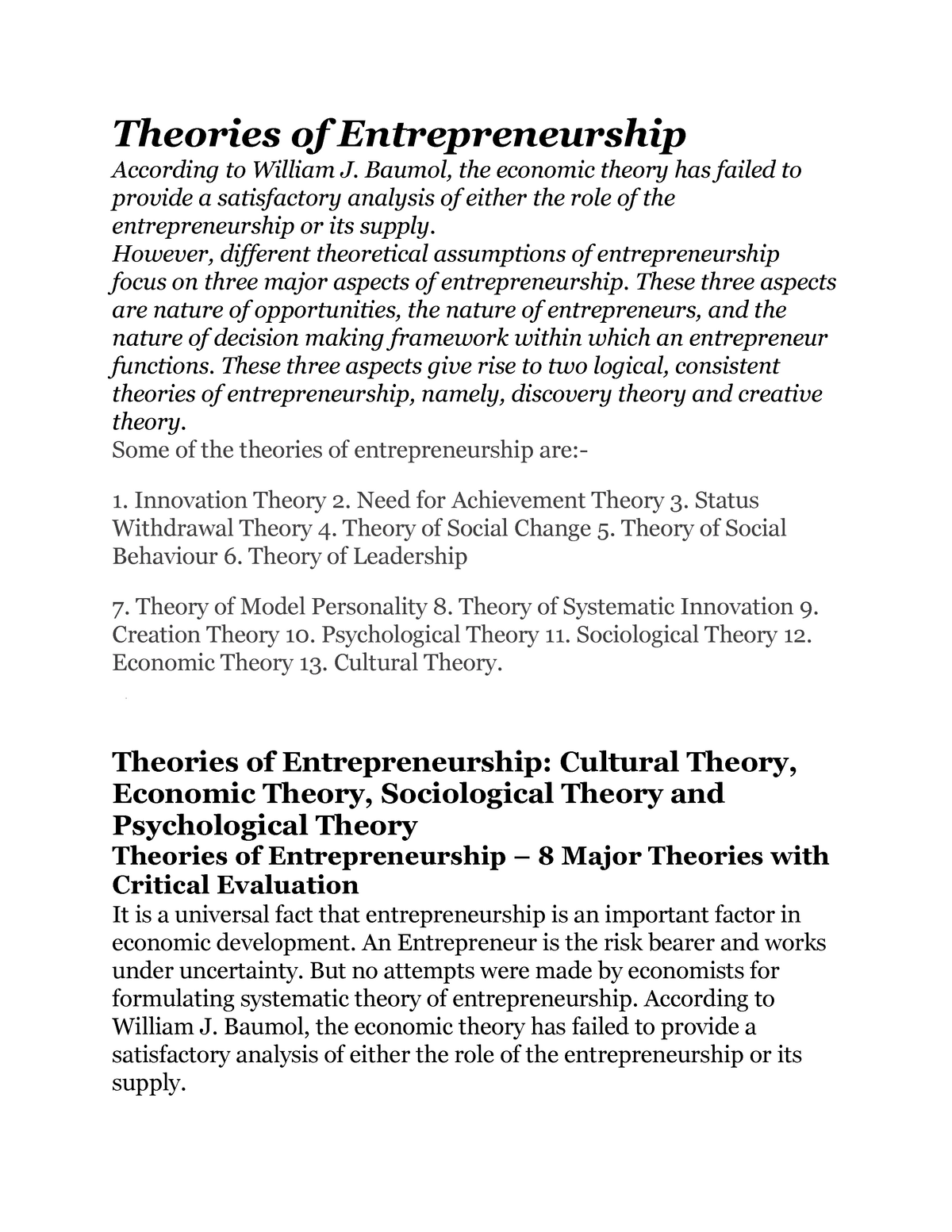 Theories Of Entrepreneurship Theories Of Entrepreneurship According To William J Baumol The