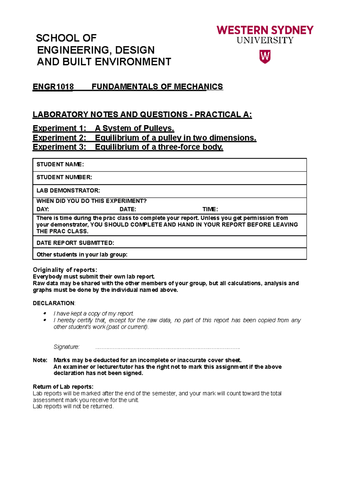 Fo M Practical Pt A - Pracc - SCHOOL OF ENGINEERING, DESIGN AND BUILT ...