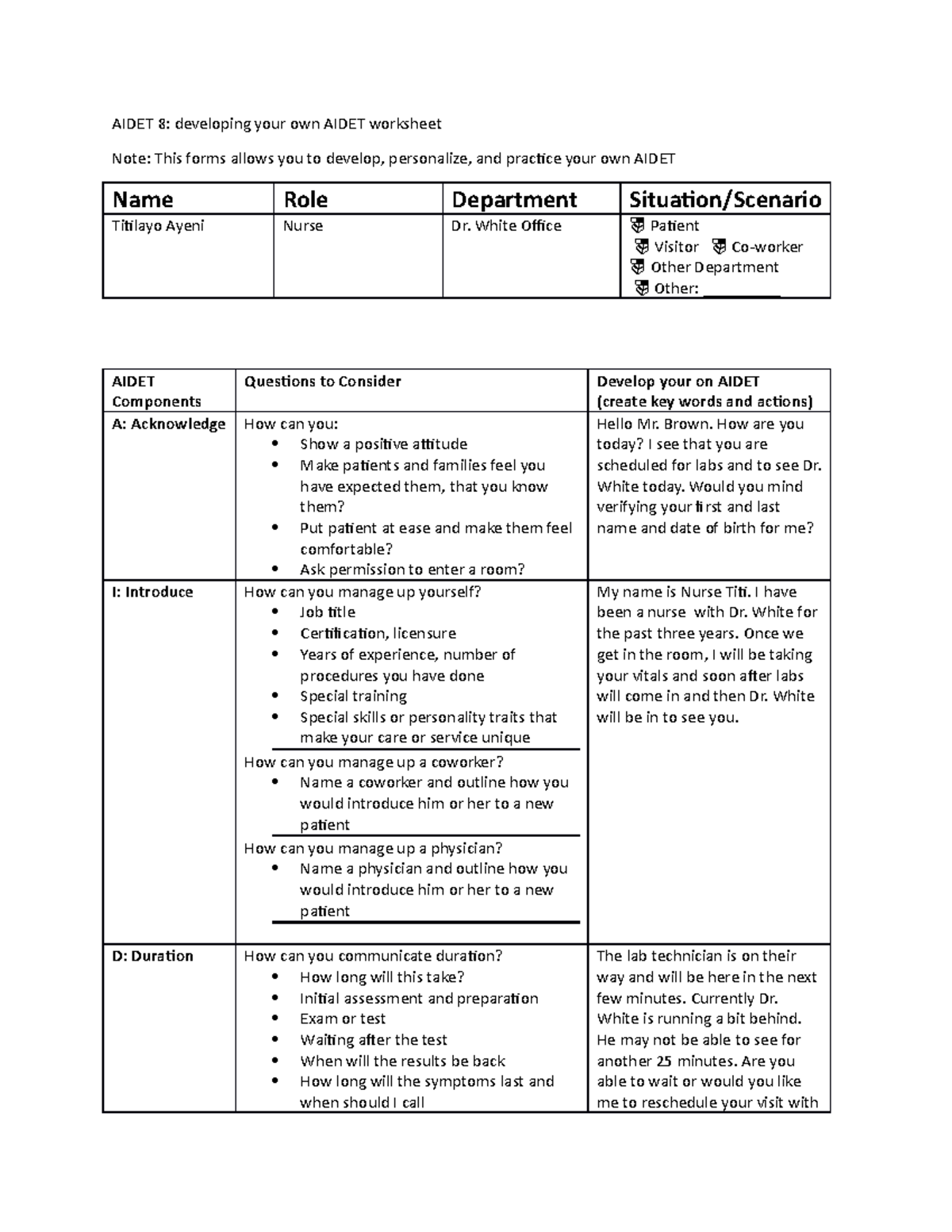 Aidet worksheet 082321 HEALTH ASSESSMENT LAB - AIDET 8: developing your ...