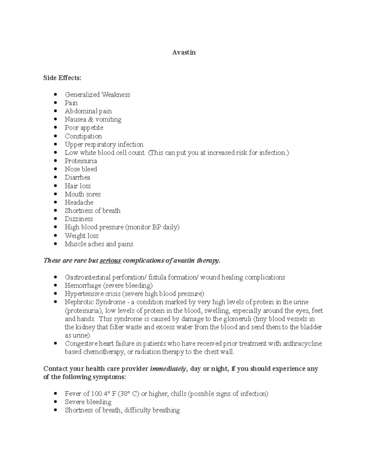 Avastin Avastin Side Effects Generalized Weakness Pain Abdominal