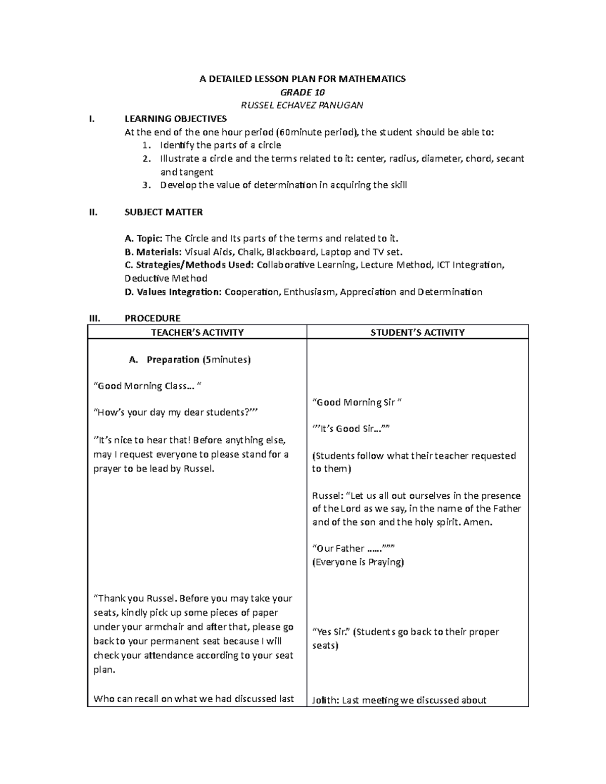 Circle-LP-1 - every lesson plan has a formal knowledge - A DETAILED ...