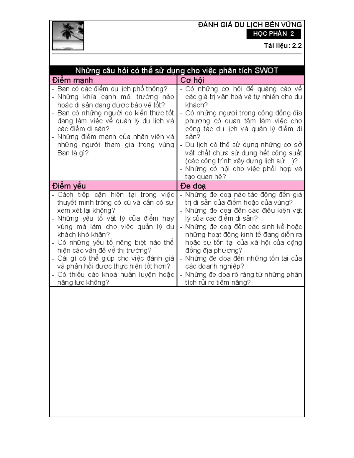 Swot Questions Vietnamese - ÁNH GIÁ DU L CH B N V NG Tài Li U: 2. H C ...