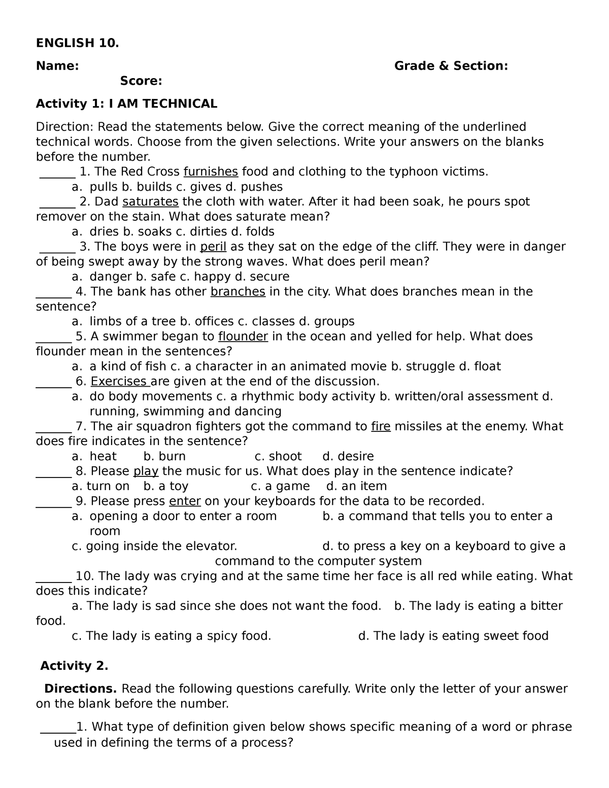 Activity Sheet For Grade 10 ENGLISH 10 Name Grade Section Score 