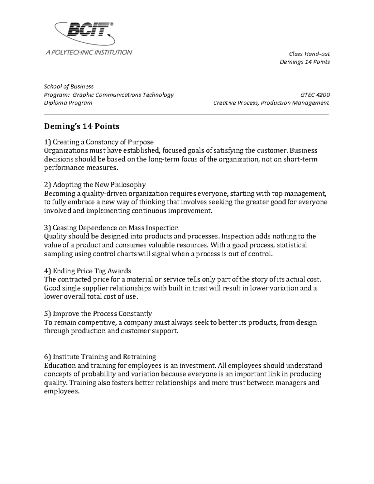 Demings 14 Points Academic Practice/Study/Testing Notes and Materials