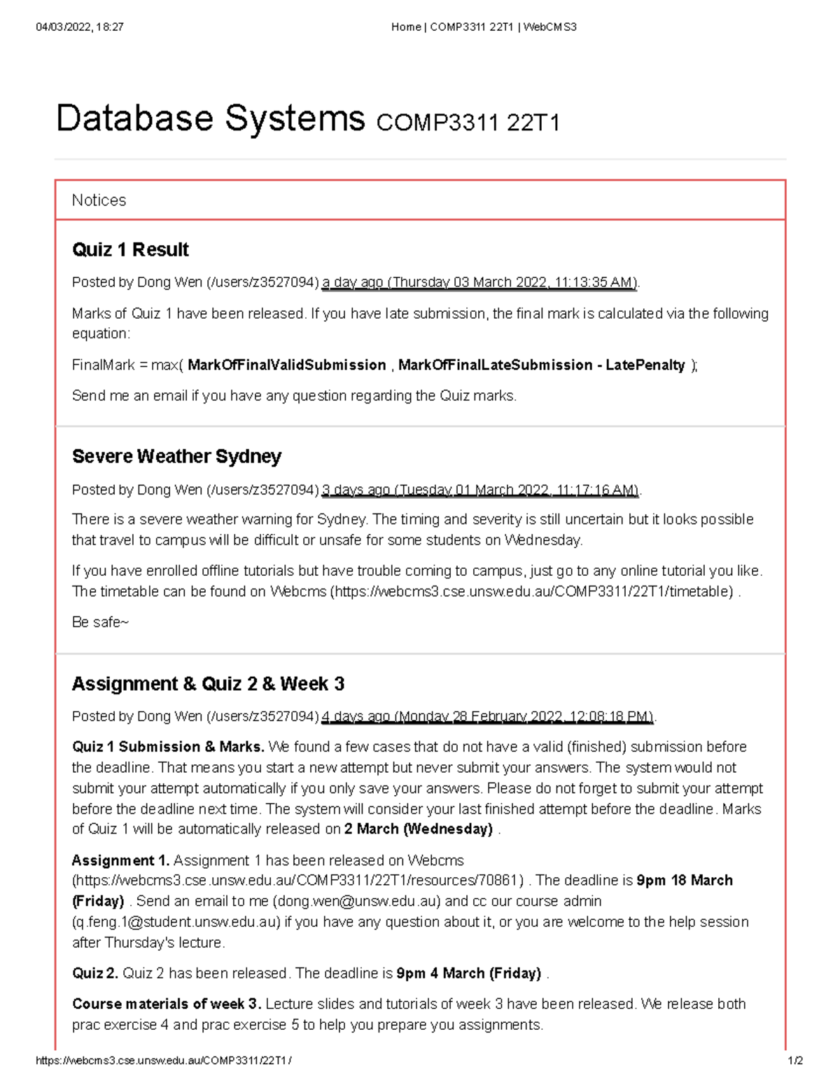 COMP3311 22T1 course profile for 2022 term 1 - 04/03/2022, 18:27 Home ...