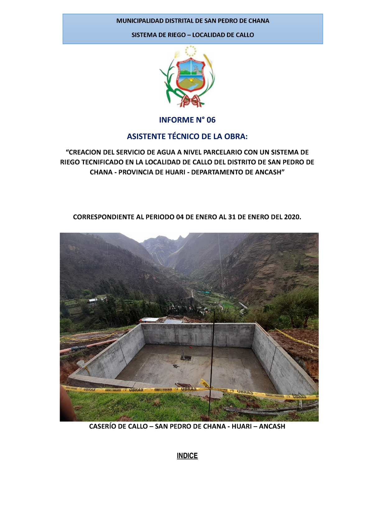 Informe- Enero - INFORME N° 06 ASISTENTE TÉCNICO DE LA OBRA: “CREACION DEL  SERVICIO DE AGUA A NIVEL - Studocu