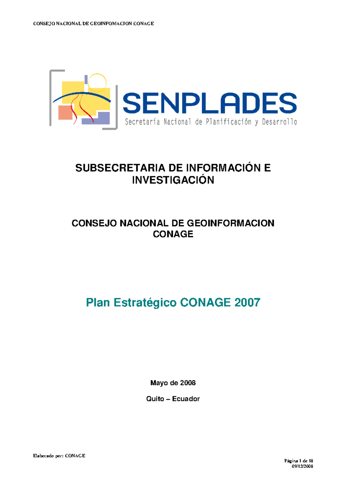 4 PLAN Estrategico 2007 - Elaborado por: CONAGE Página 1 de 18 ...
