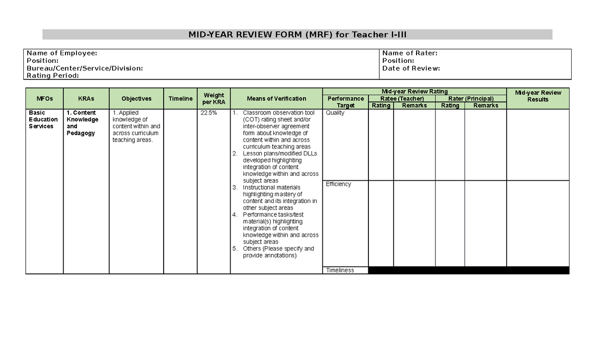 Mid Year Review Form Action Plan Mid Year Review Form Mrf For Teacher I Iii Name Of 4880