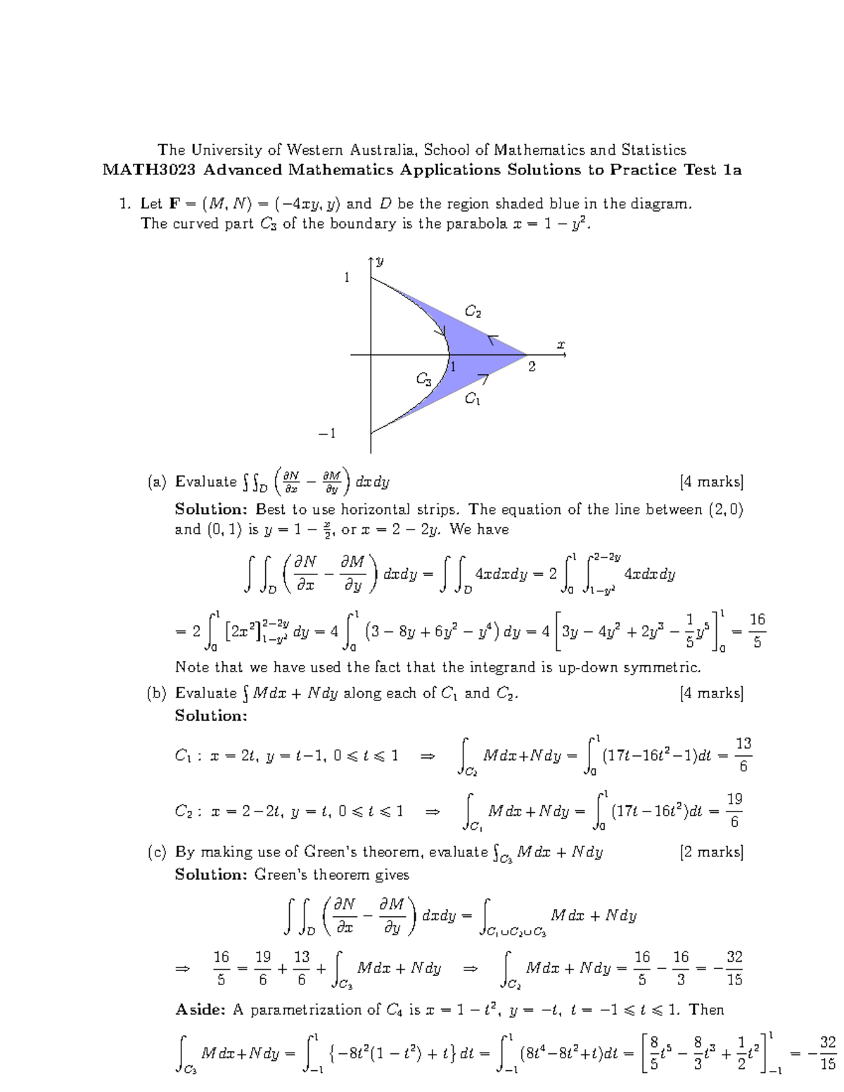 MATH3023 Practice Test 1a Solutions - The University of Western ...