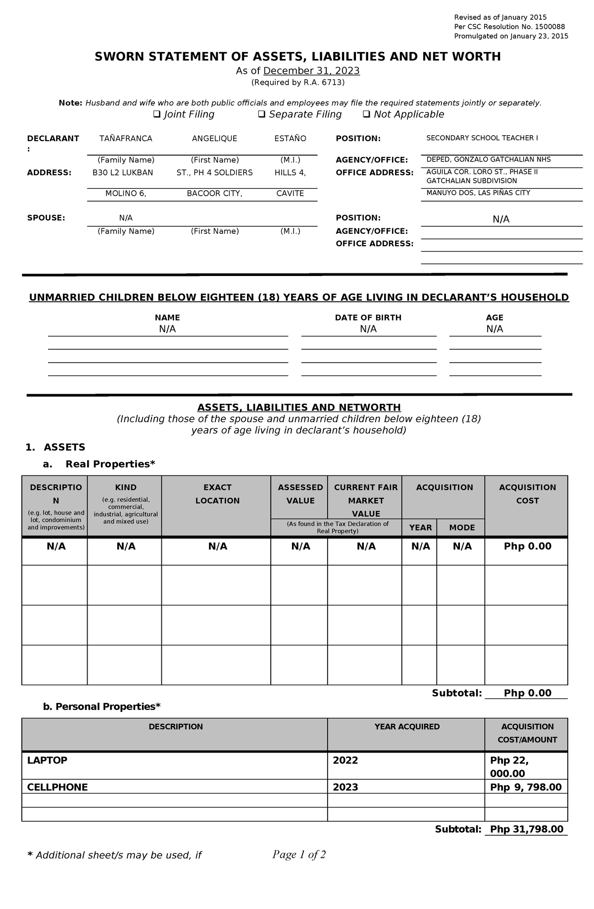 2015-SALN-Formblank - FVDCDS - * Additional sheet/s may be used, if ...