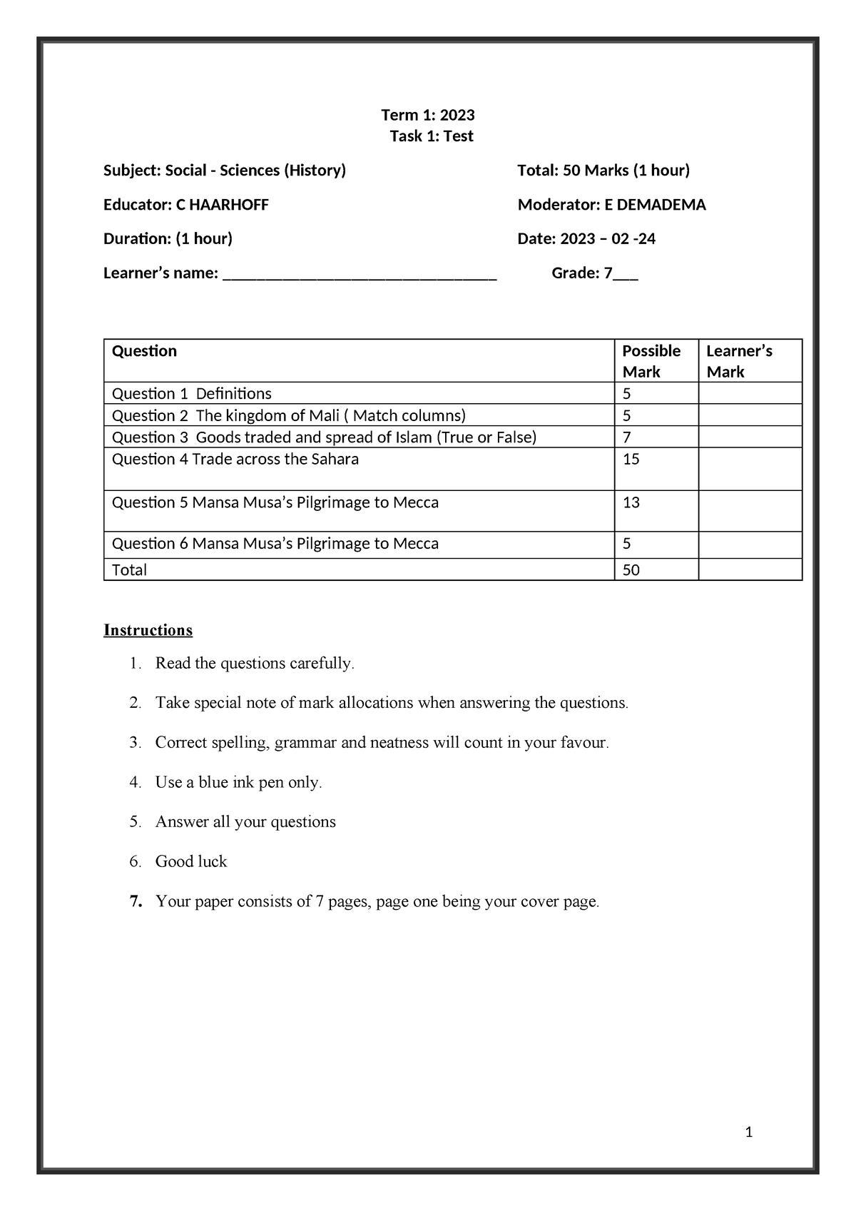 Grade 7 History Test term 1 - Term 1: 2023 Task 1: Test Subject: Social ...