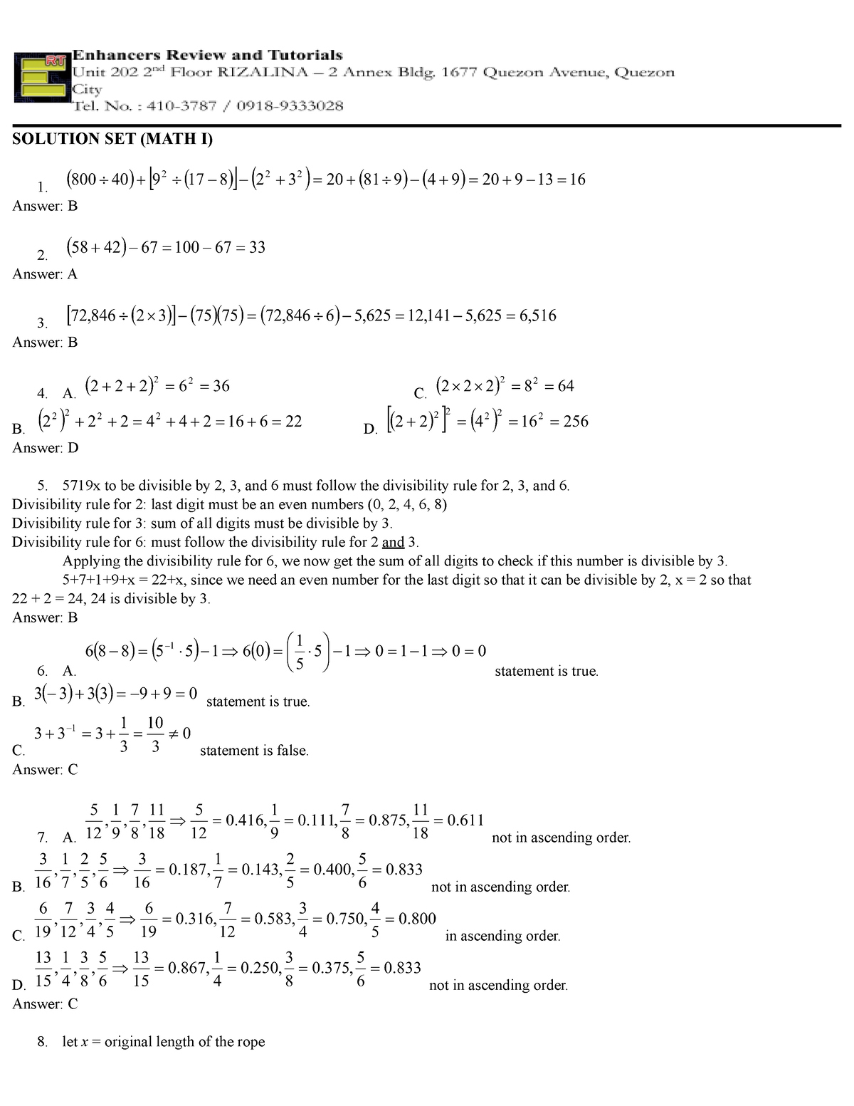 Basic Math Solution Set - SOLUTION SET (MATH I) 1. Answer: B 2. Answer ...