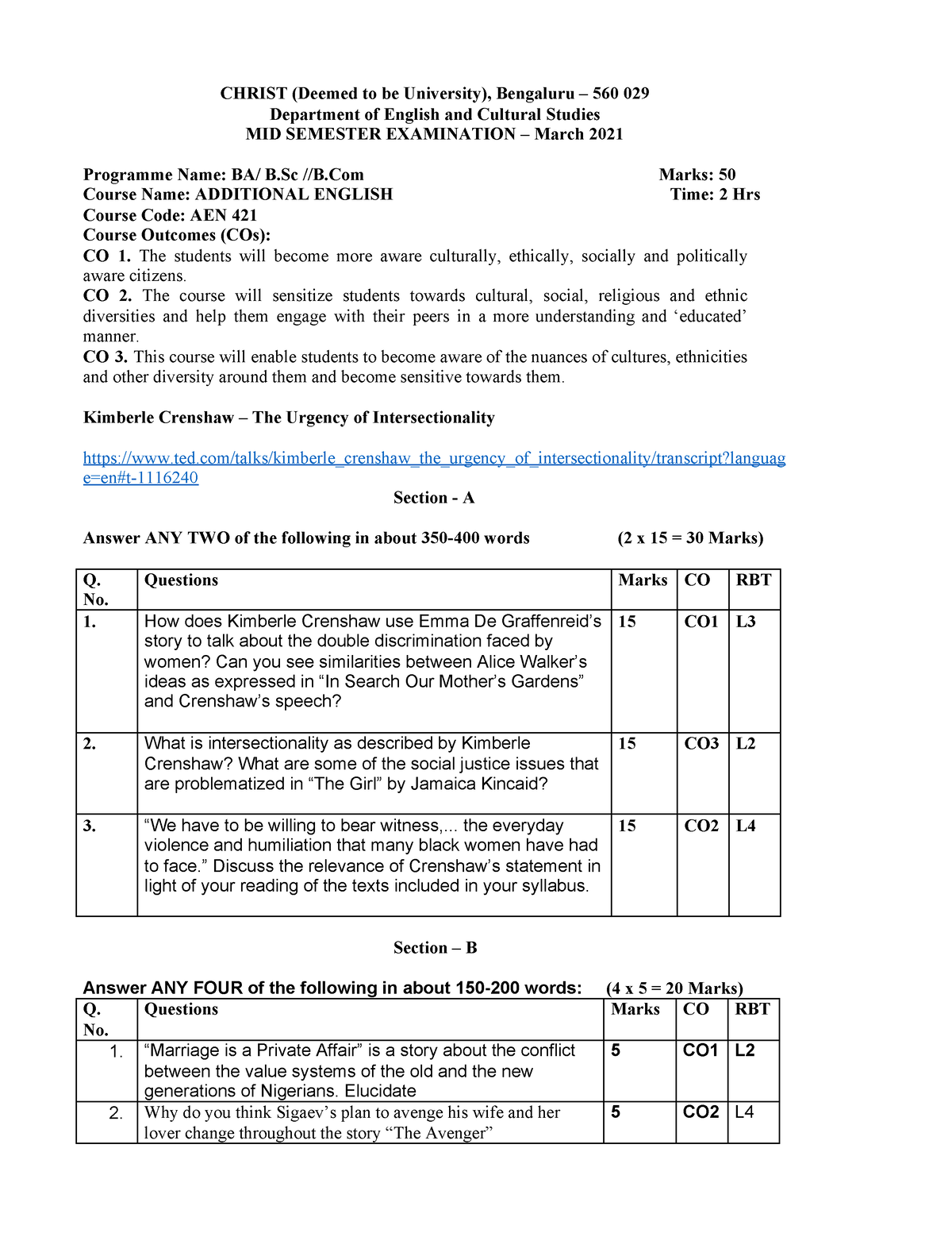 Mid sem question paper - CHRIST (Deemed to be University), Bengaluru ...