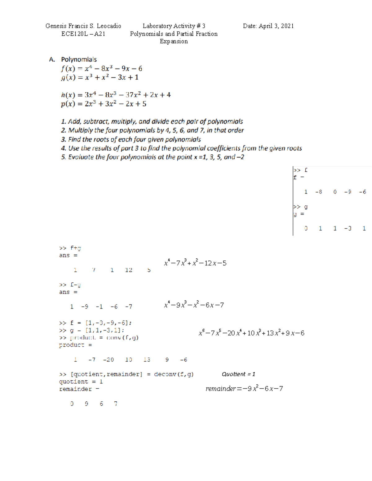 Laboratory Activity 3 - Polynomials and Partial Fraction Expansion - x ...