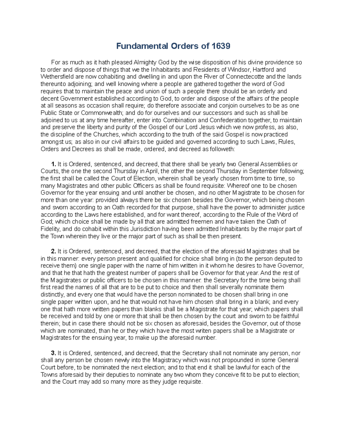 Fundamental Orders of 1639 - Fundamental Orders of 1639 For as much as ...