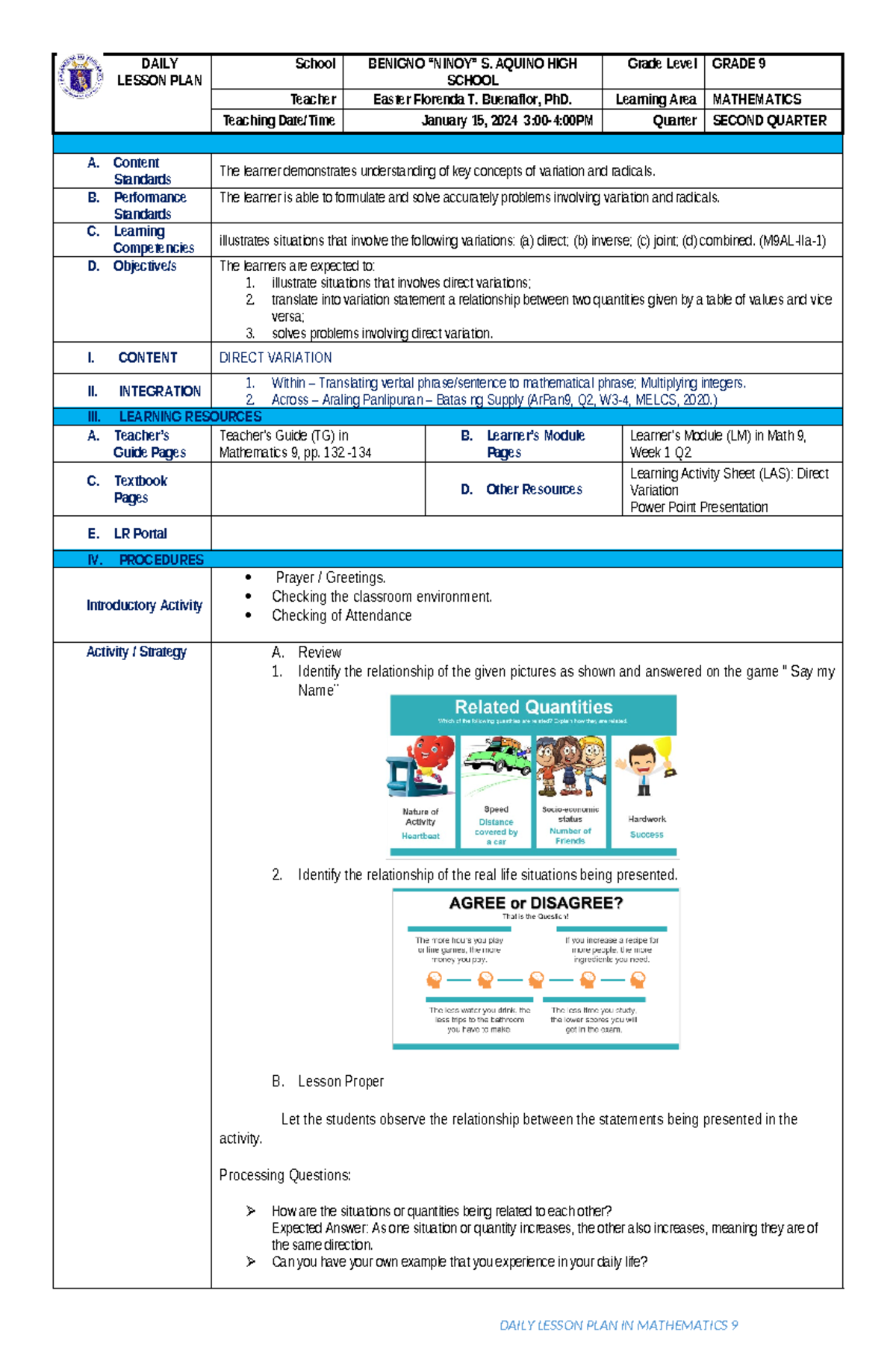 Q2-Direct Variation - DAILY LESSON PLAN School BENIGNO “NINOY” S ...