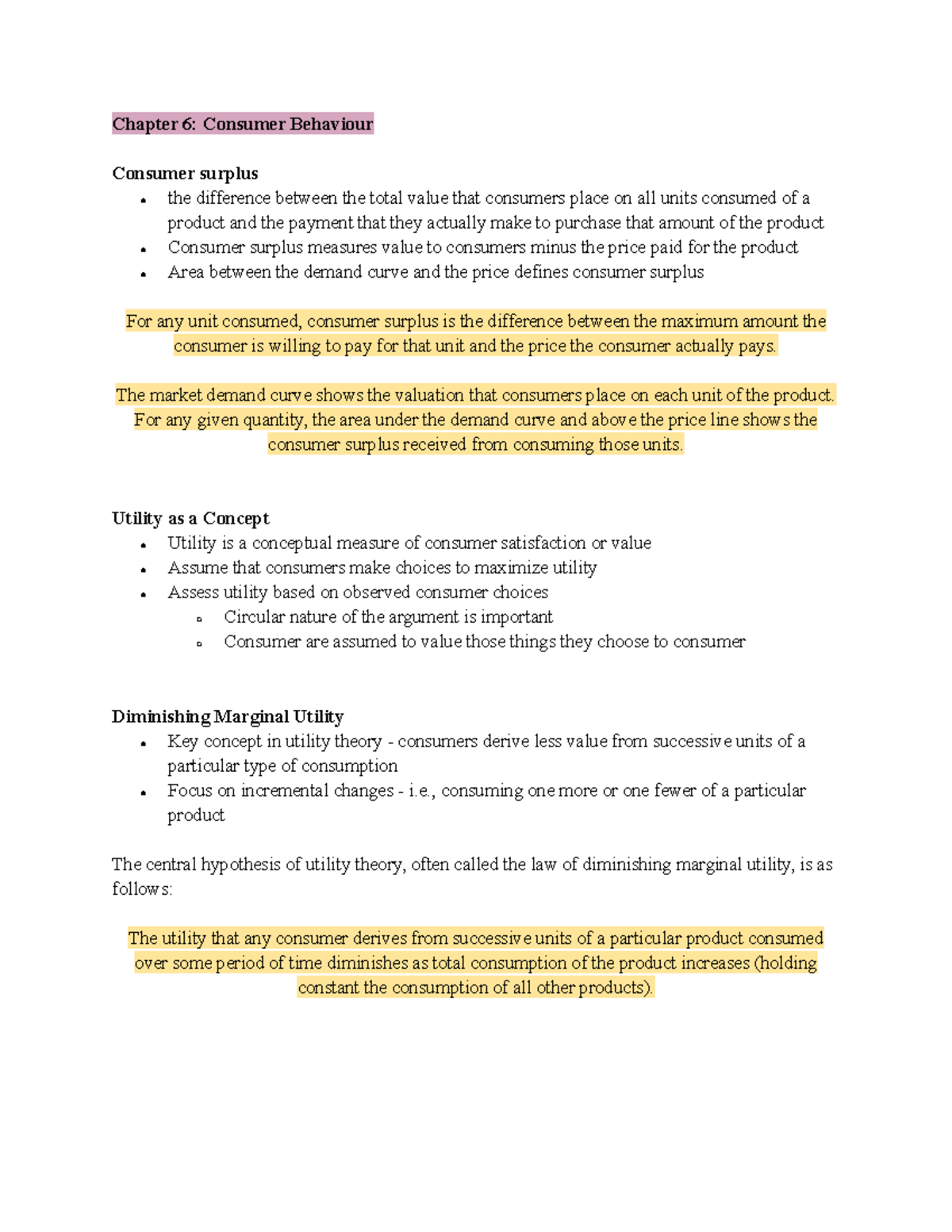 Econ final notes-3 - Chapter 6: Consumer Behaviour Consumer surplus the ...