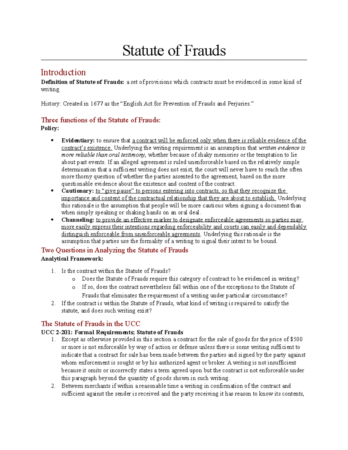 Contracts II Study Outline Statute of Frauds Introduction