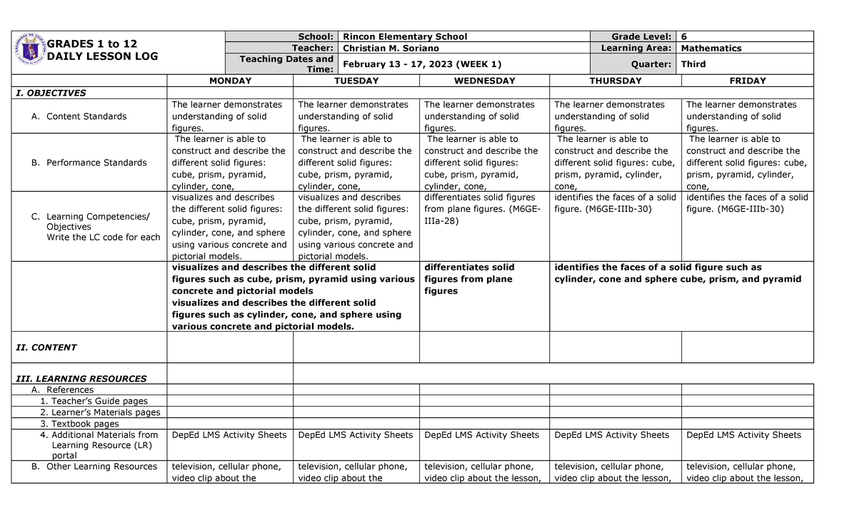 DLL Mathematics 6 Q3 W1 - Great - GRADES 1 to 12 DAILY LESSON LOG ...