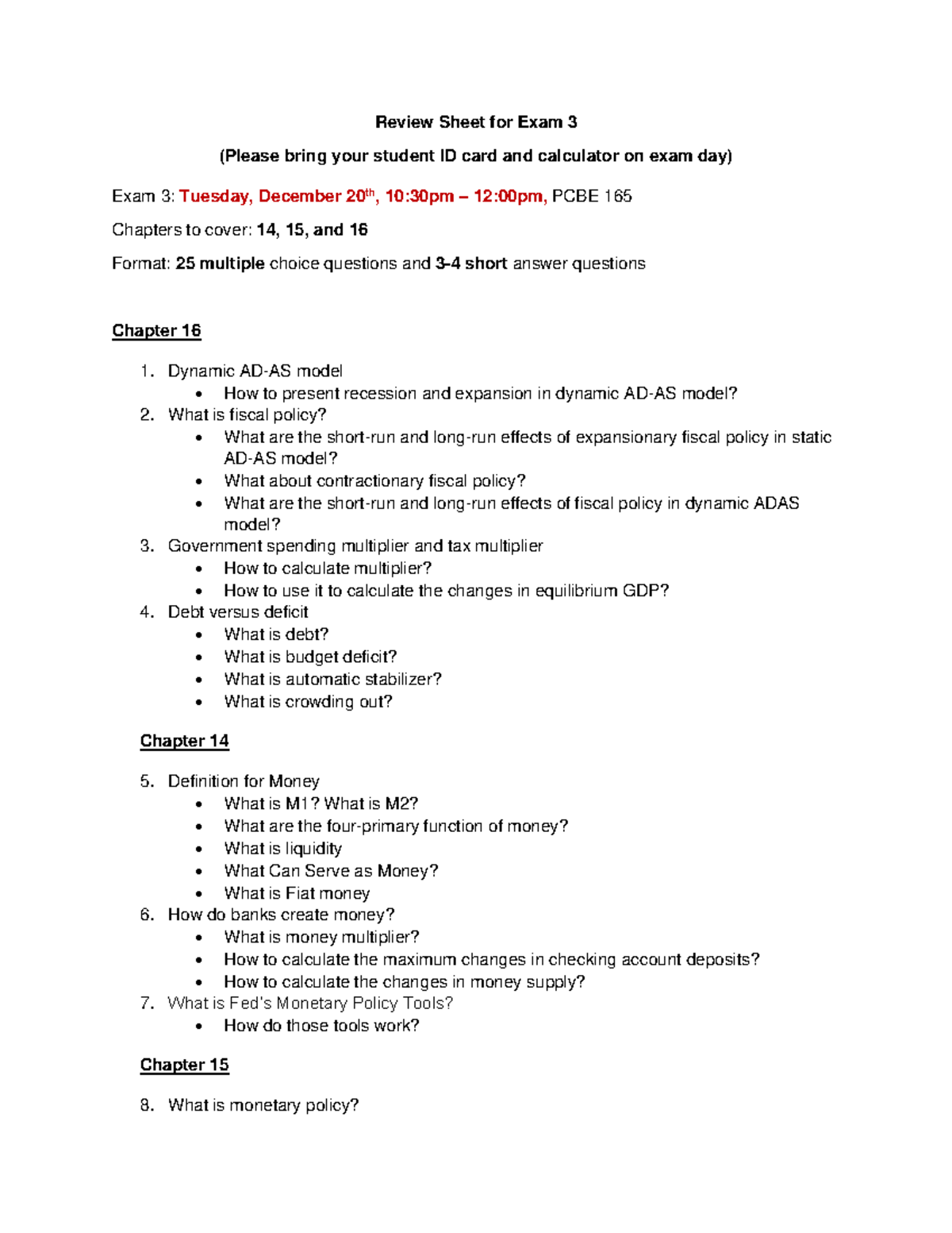 Review Sheet for Exam 3 - Studocu