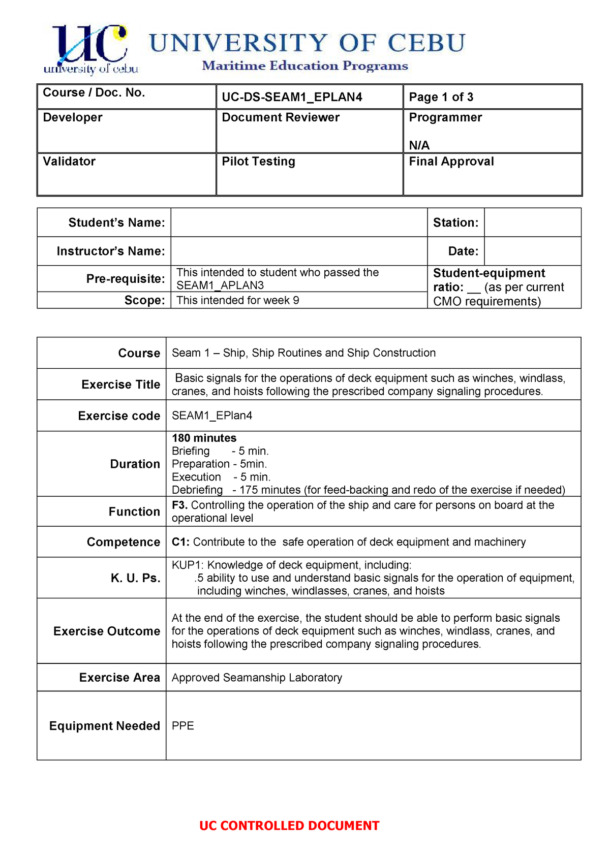 4 - note - UC CONTROLLED DOCUMENT Course Seam 1 – Ship, Ship Routines ...