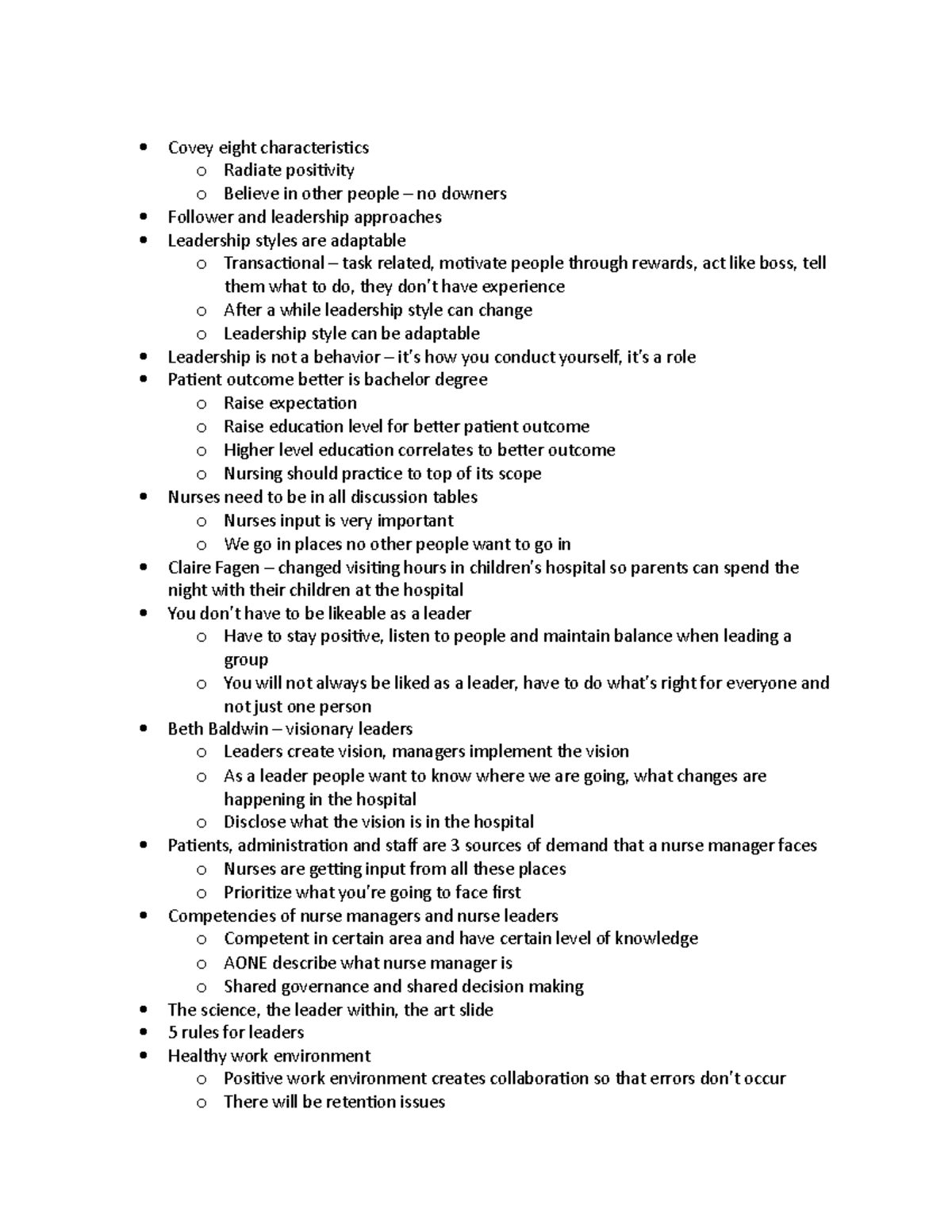 NU430 Notes - Covey eight characteristics o Radiate positivity o ...