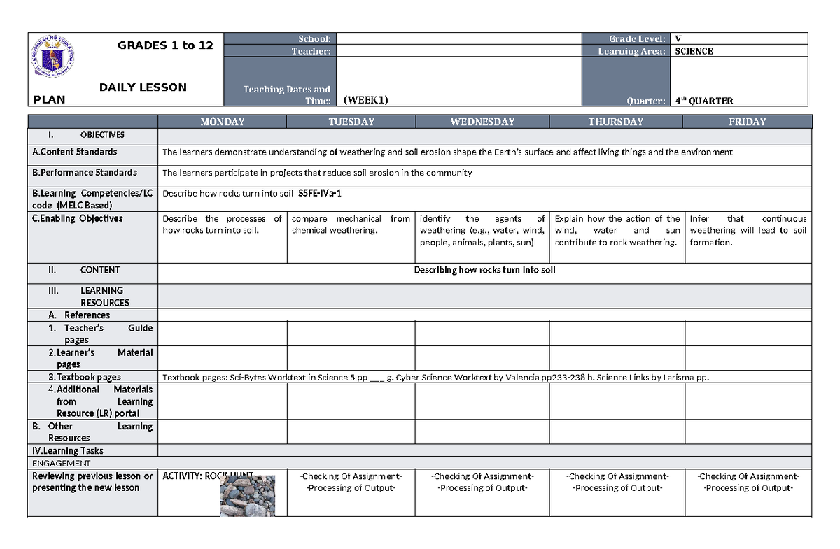 Science 5 DLP Q4 W1 - GRADES 1 to 12 5 DAILY LESSON PLAN School: Grade ...