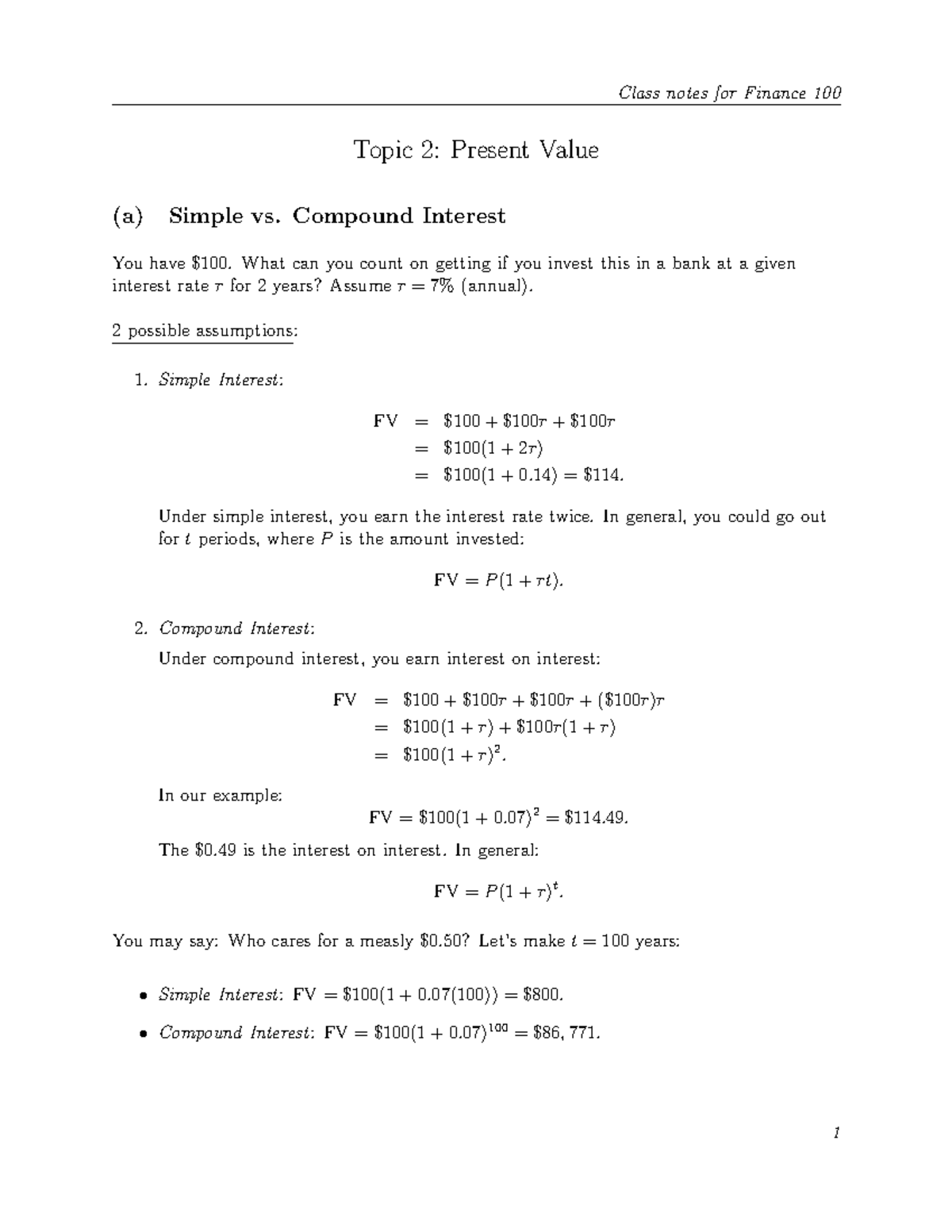 Lecture Notes T 02 - Topic 2: Present Value (a) Simple vs. Compound ...