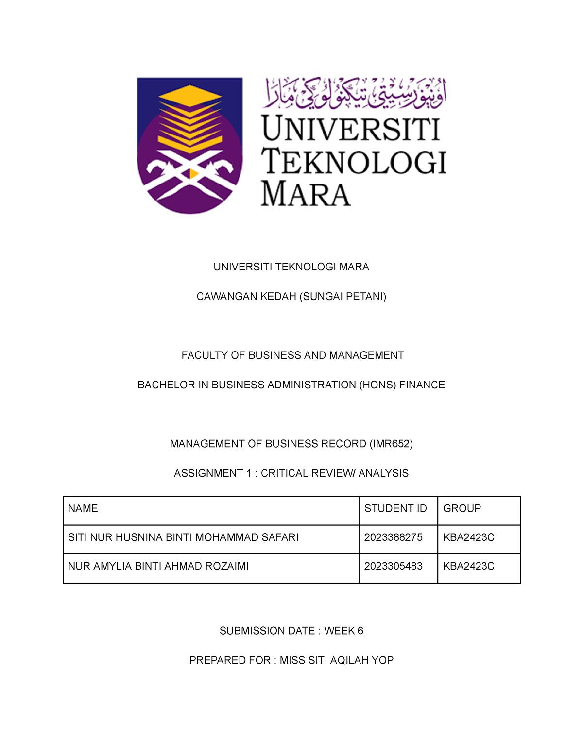 Article Analysis - UNIVERSITI TEKNOLOGI MARA CAWANGAN KEDAH (SUNGAI ...