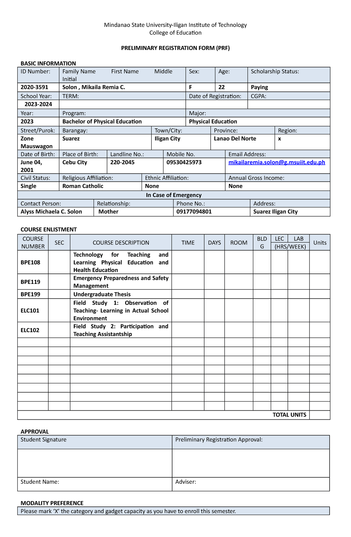 Preliminary Registration FORM PRF 2022 2023 - Mindanao State University ...