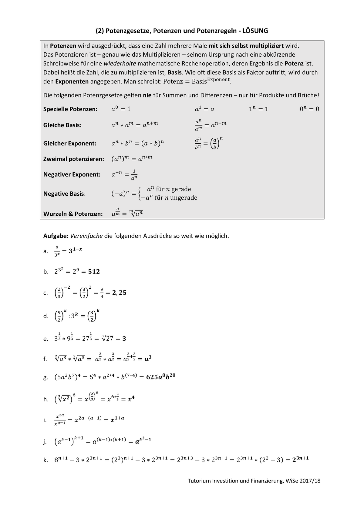 Blatt L Sung Wintersemester Potenzgesetze Potenzen