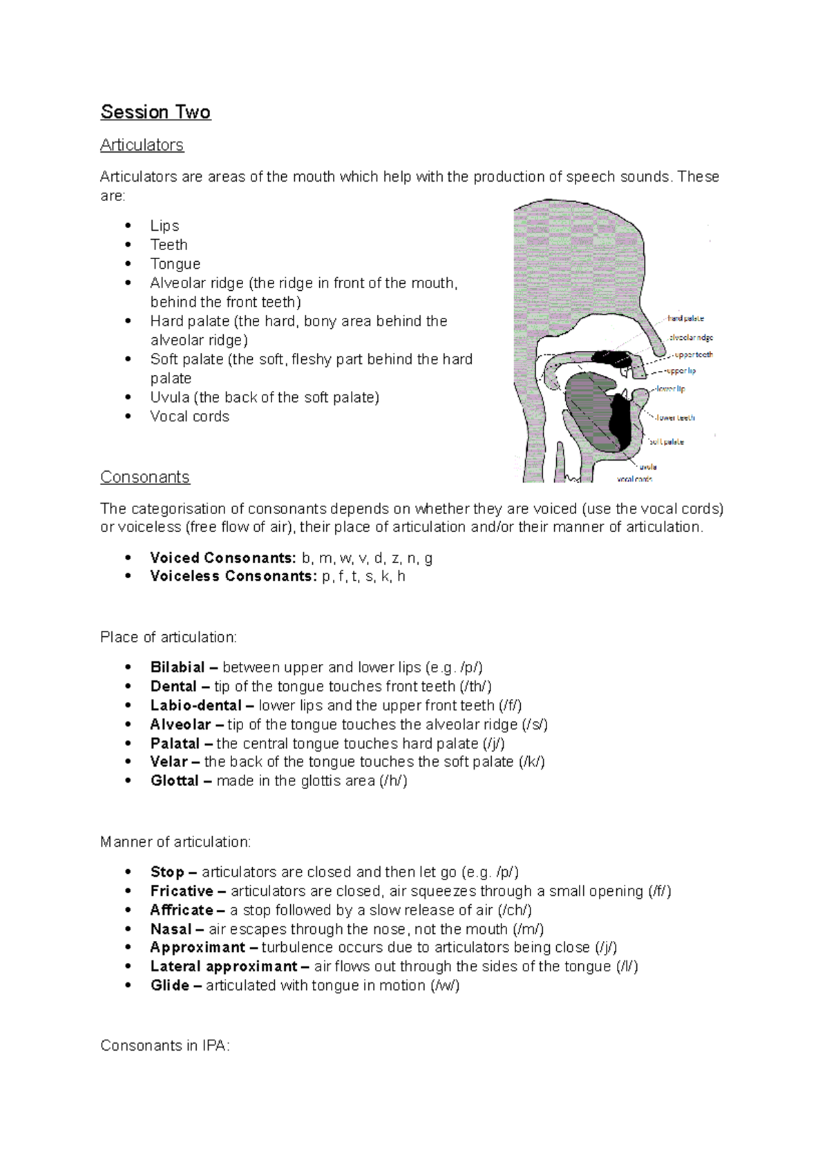 2 - Articulation - Session Two Articulators Articulators are areas of ...