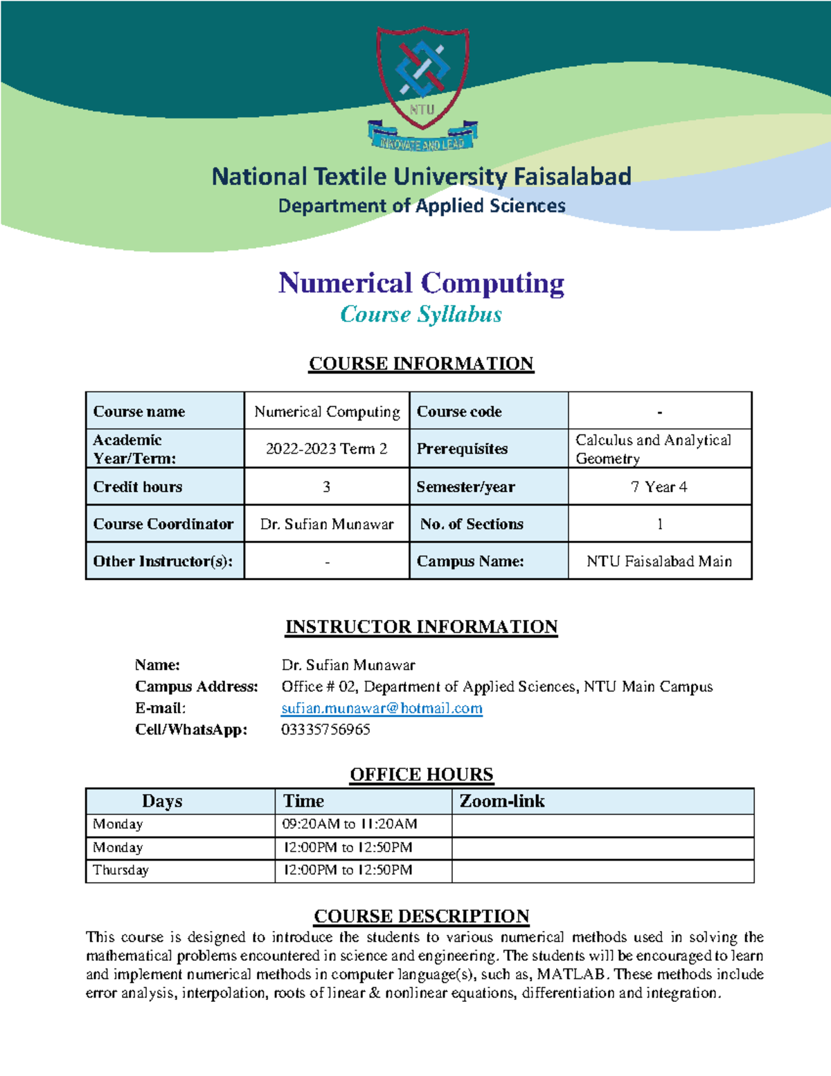 Syllabus - Numerical Computing - National Textile University Faisalabad ...