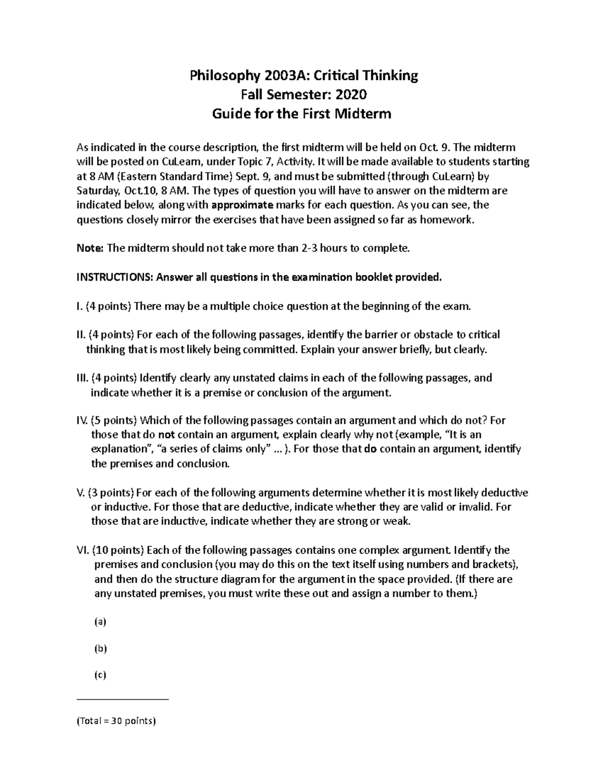 Guide for Midterm 1 - Philosophy 2003A: Criical Thinking Fall Semester ...
