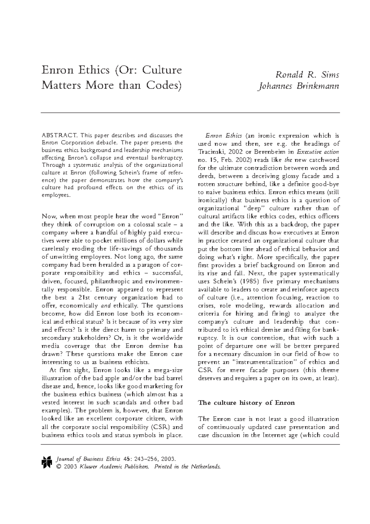 Enron CUlture - Ethics Ethics notes - ABSTRACT. This paper describes ...