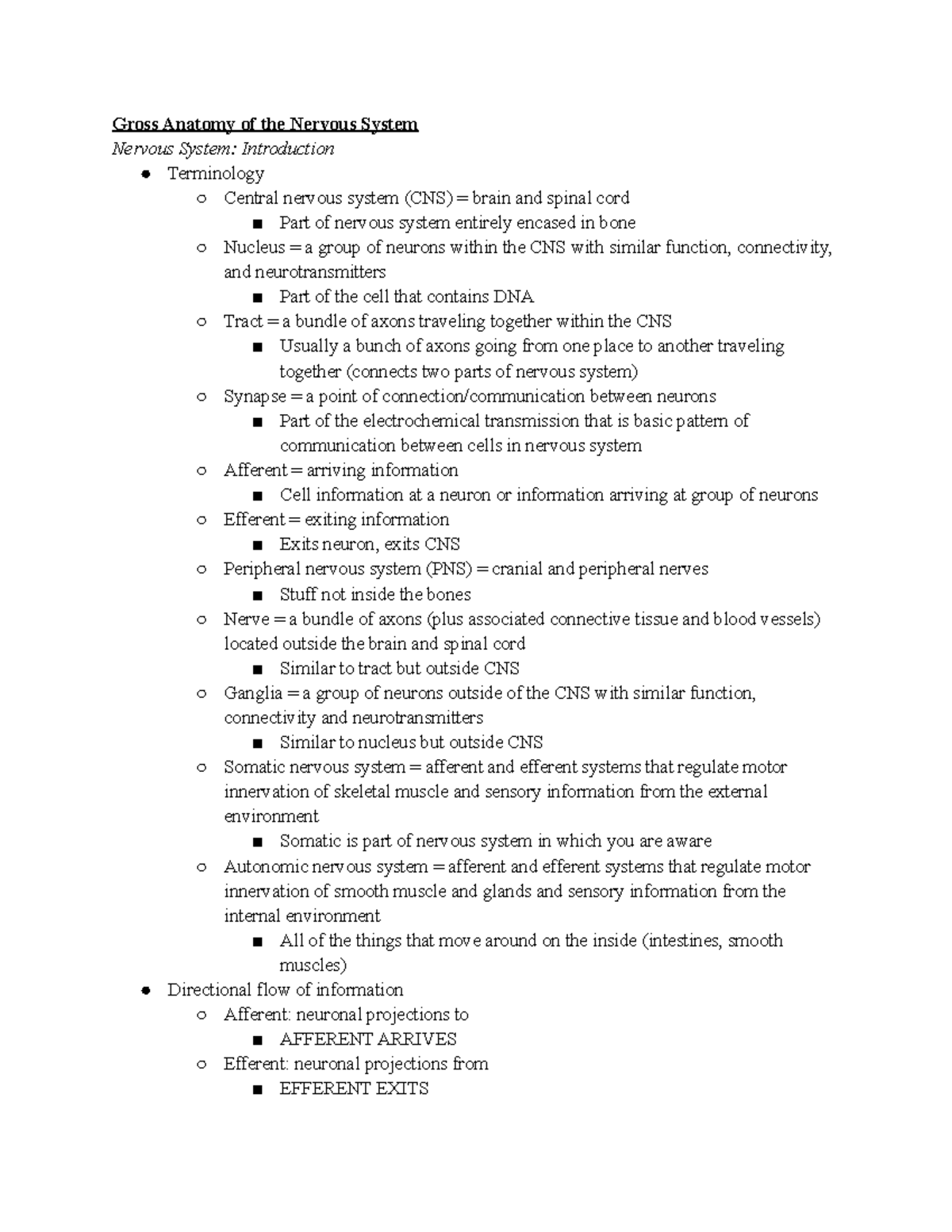 Anatomy 303 Neuroanatomy Notes - Gross Anatomy Of The Nervous System ...