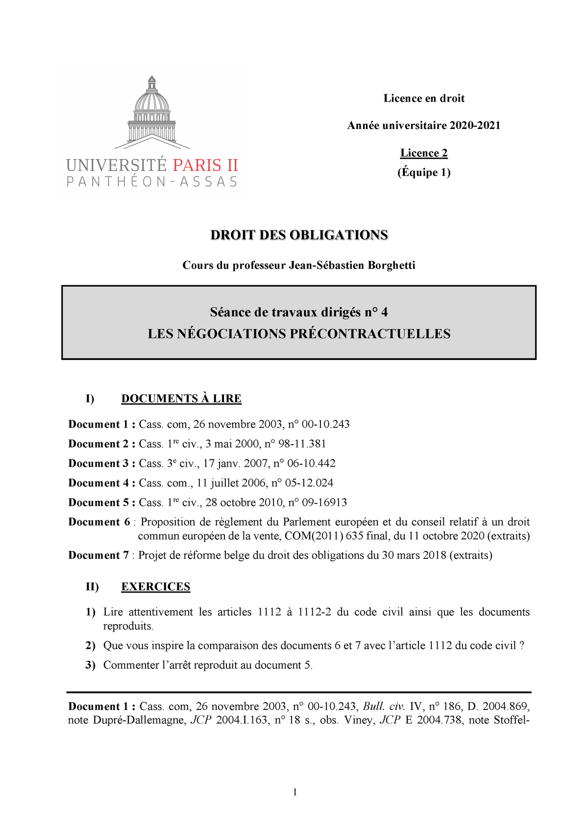 TD 4 - Plaquette TD4 - Droit Des Obligations - L2E1 2020 - Licence En ...