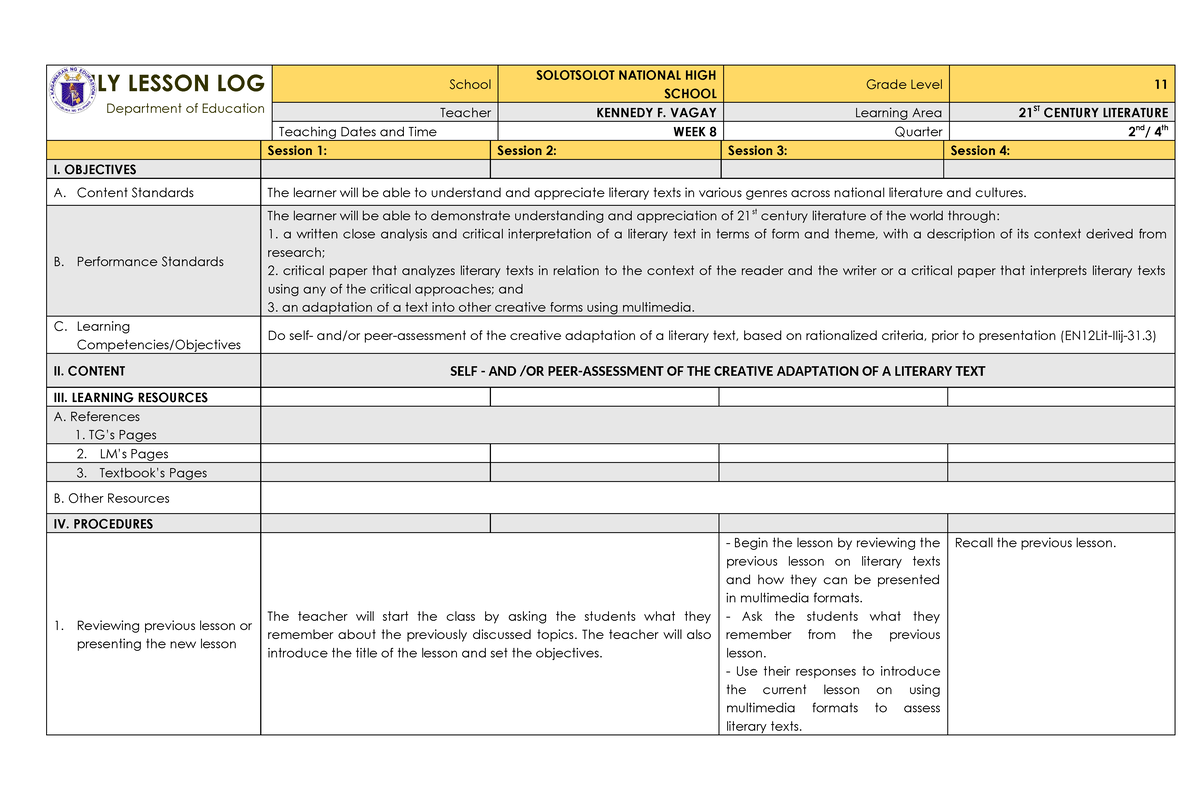 21ST Century Literature Quarter 2 WEEK 8 - DAILY LESSON LOG Department ...