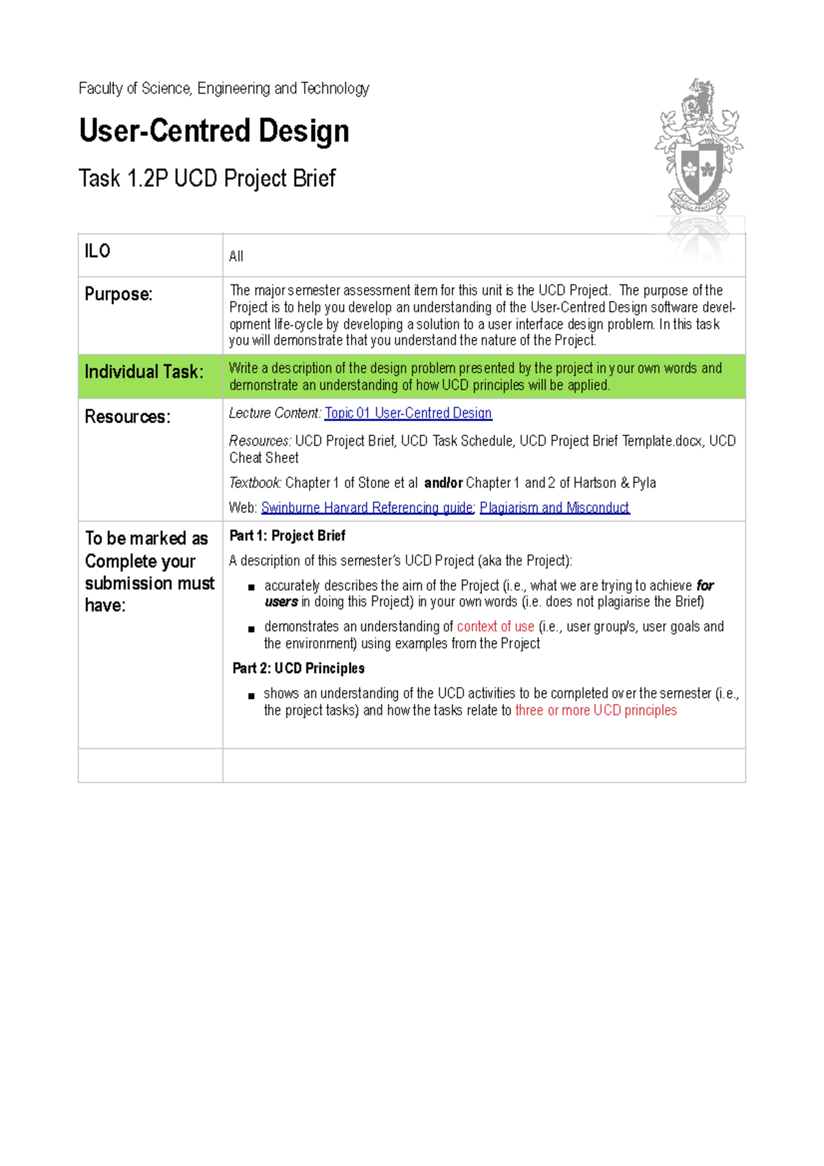 UCD 1.2 Project Brief - Faculty of Science, Engineering and Technology ...