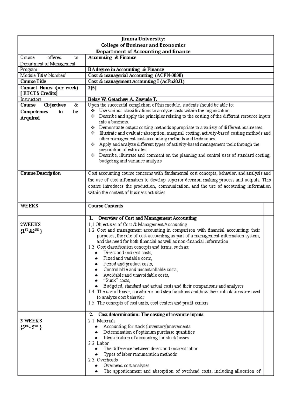 Cost And Management Accounting I - Jimma University: College Of 