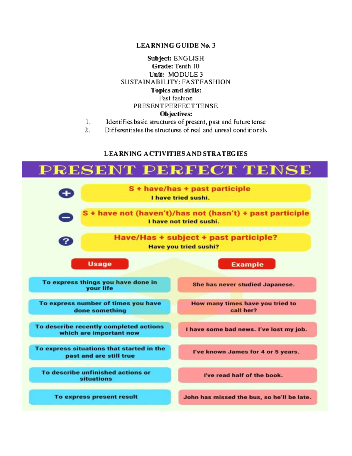 Present Perfect 10th - LEARNING GUIDE No. 3 Subject: ENGLISH Grade ...