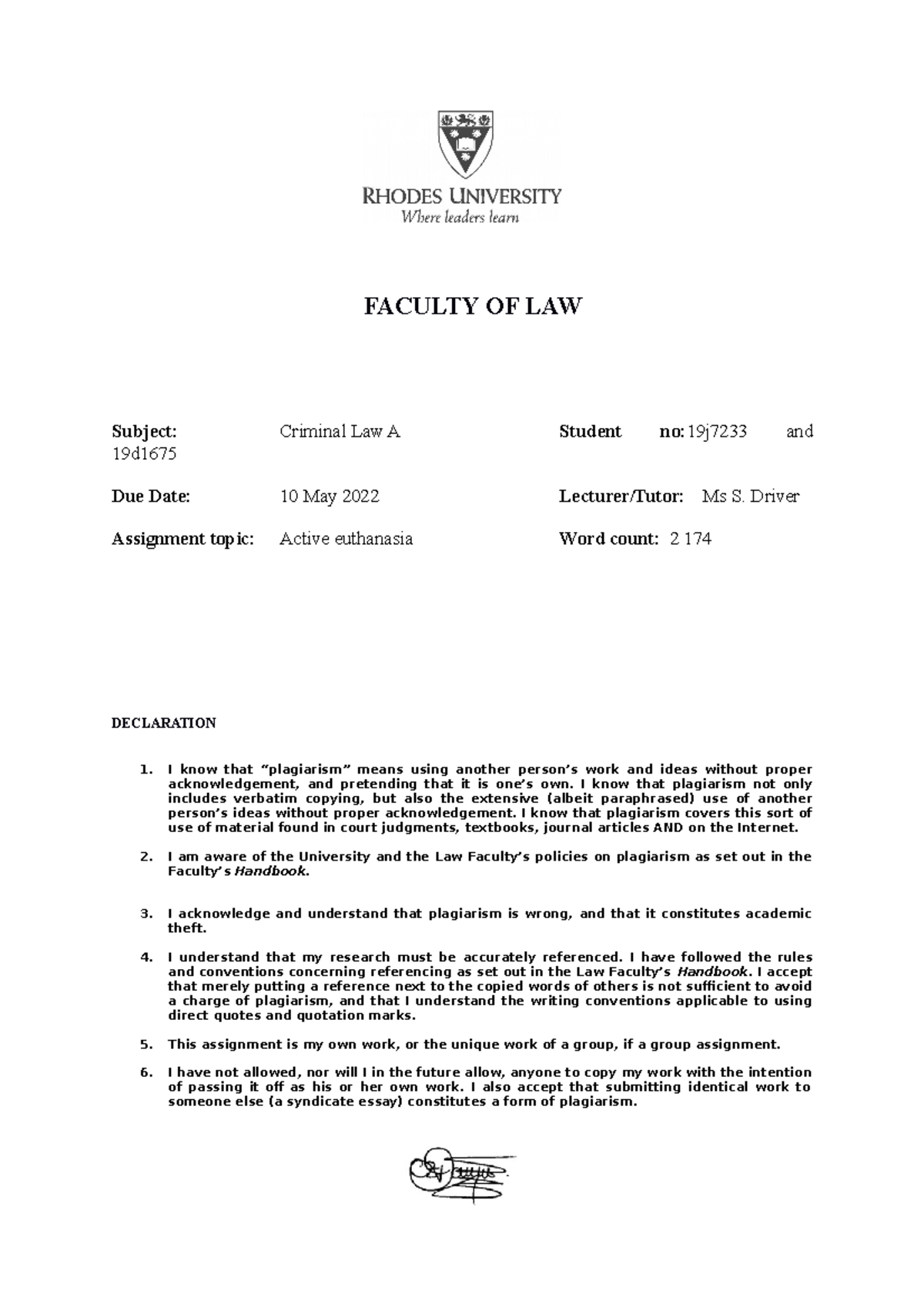 Criminal Law A - Assignment 10-05-2022 Edited - FACULTY OF LAW Subject ...