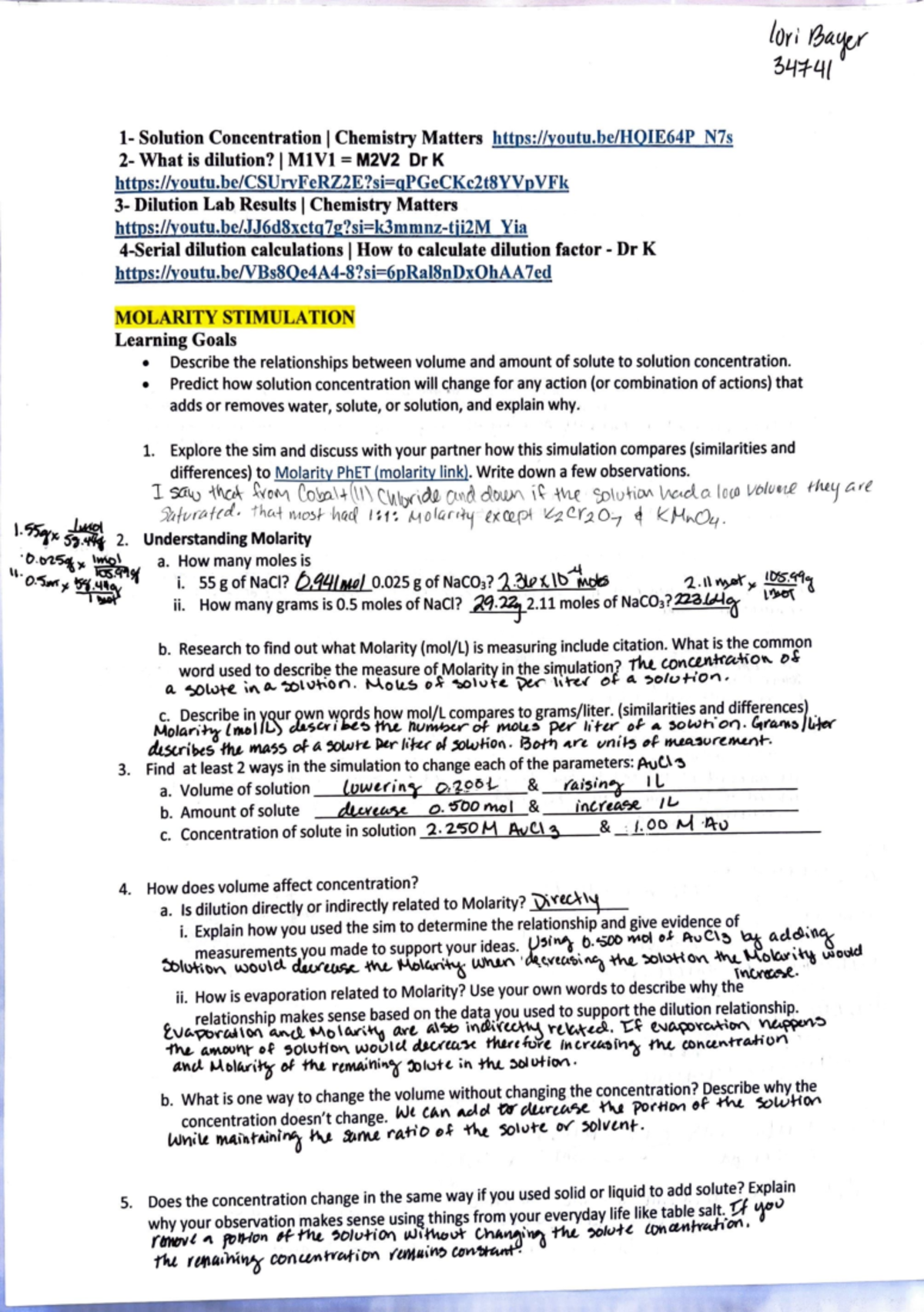 Assignment 10 Molarity - 1- Solution Concentration I Chemistry Matters ...