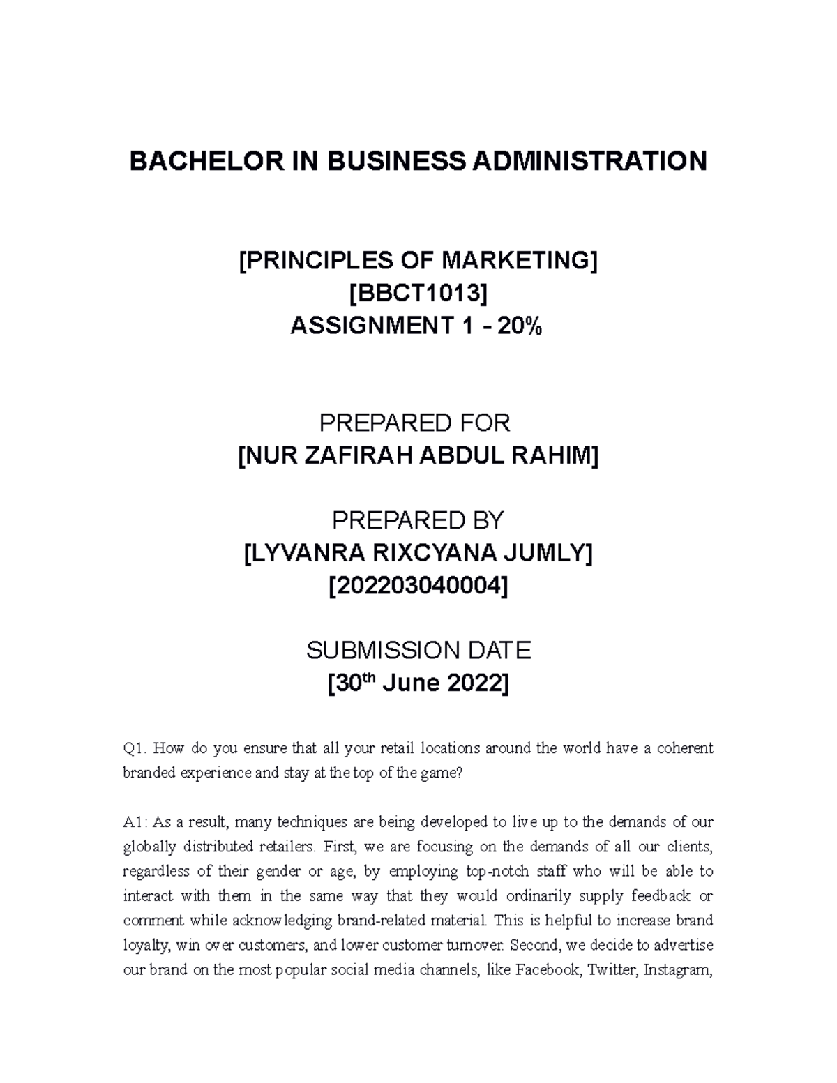 Answer FOR Assignment 1 (BBCT1013) - BACHELOR IN BUSINESS ...